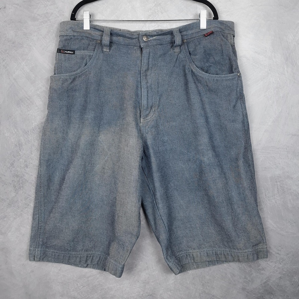 Vintage Y2K FUBU Shorts Mens Fits 38 Blue Denim Relaxed Baggy Streetwear Jorts